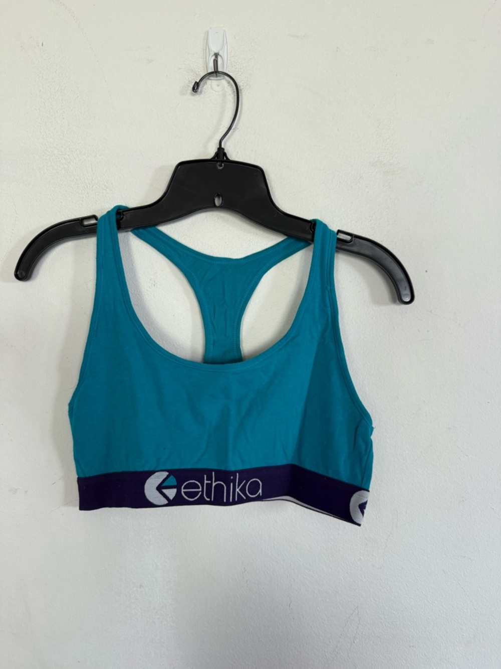 Ethika Womens Teal Blue Racerback Sports Bra, Spell Out, Size Medium
